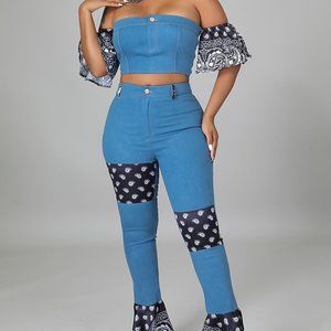 Two piece bandana denim women cropped top and pant